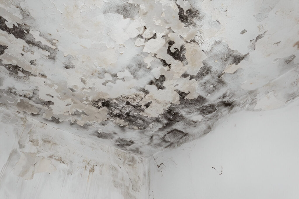 Close-up of mold spots on a basement wall