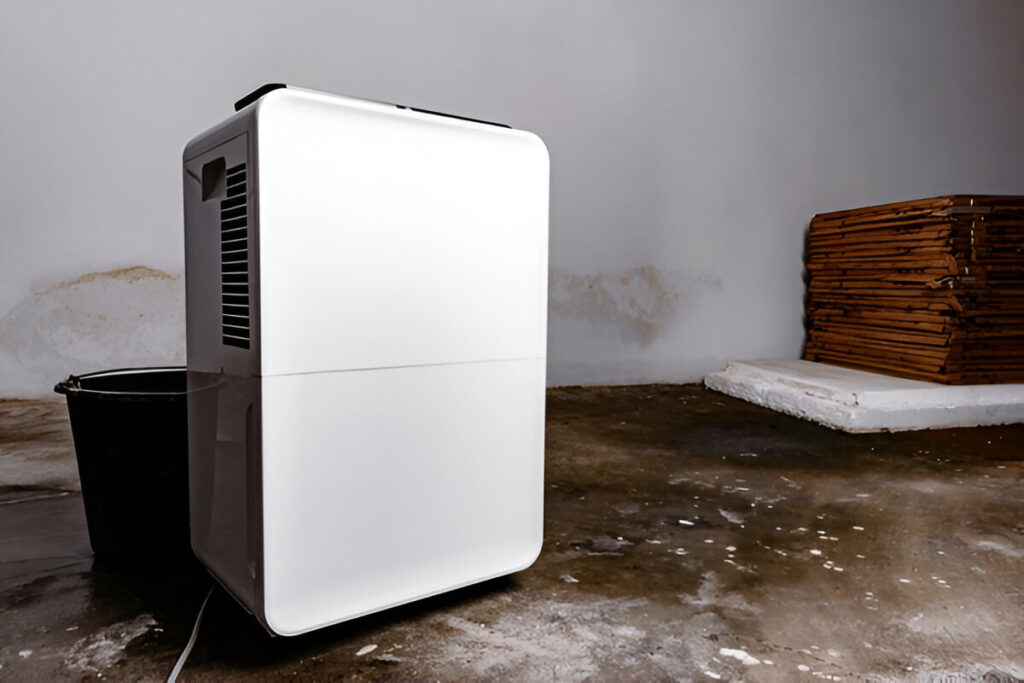 A dehumidifier running in a basement