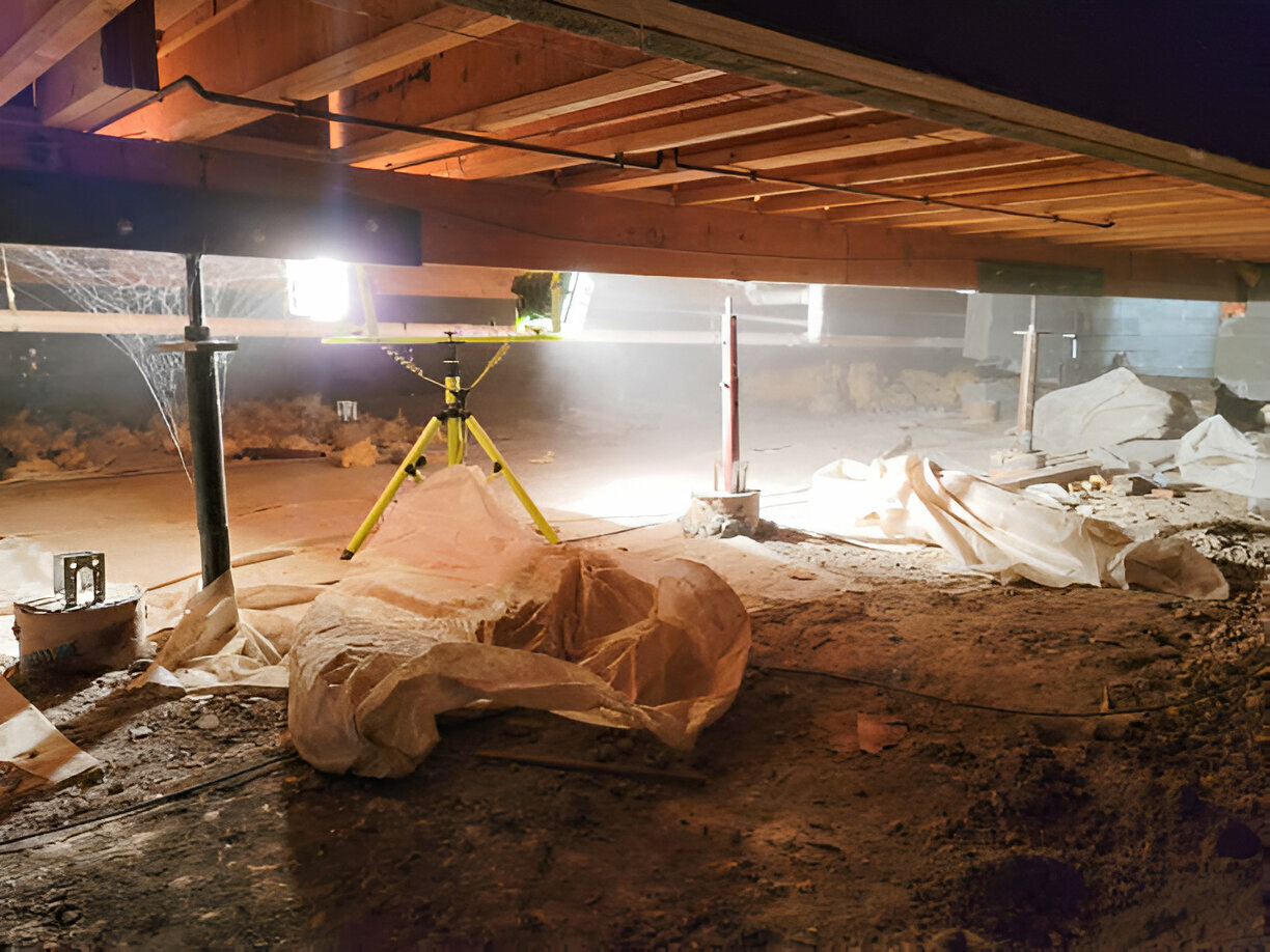 Crawl space foundation repair with support jacks and lighting