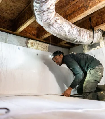 Technicians installing vapor barrier during crawl space encapsulation.