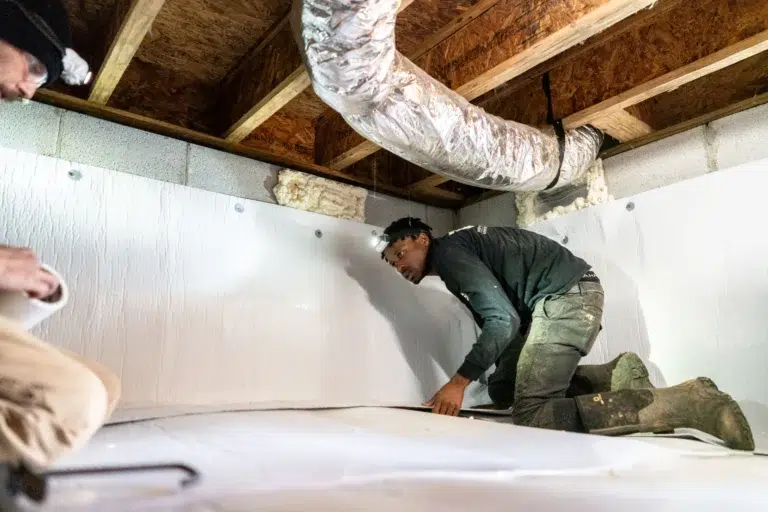 Technicians installing vapor barrier during crawl space encapsulation.