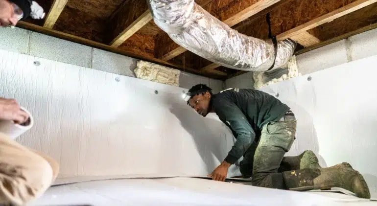Technicians installing vapor barrier during crawl space encapsulation.
