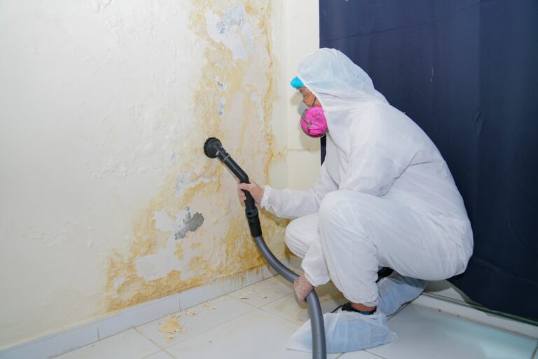 Professional worker in protective gear removing mold from a damp, damaged wall using a vacuum-like tool.