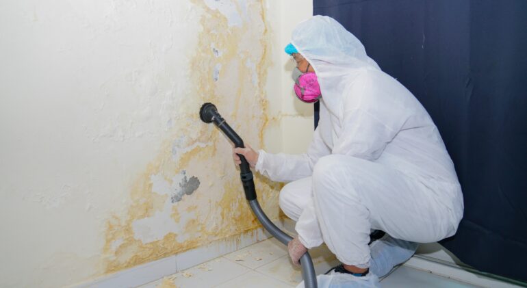 Professional worker in protective gear removing mold from a damp, damaged wall using a vacuum-like tool.