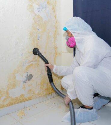 Professional worker in protective gear removing mold from a damp, damaged wall using a vacuum-like tool.