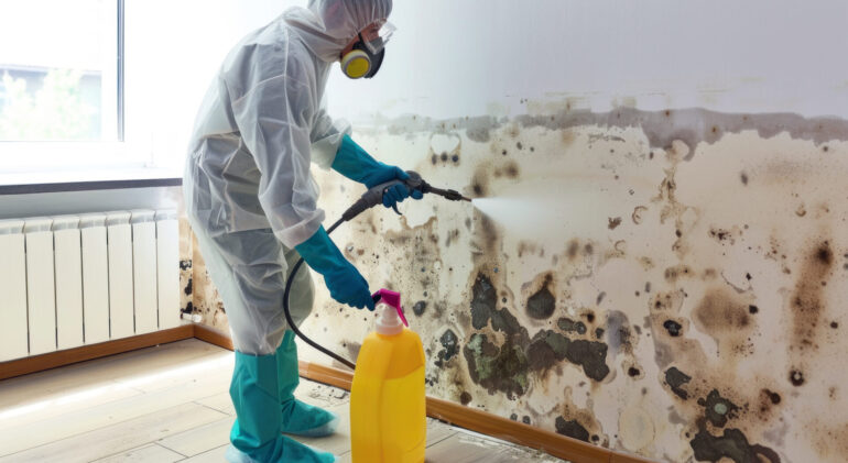 Mold remediation expert spraying disinfectant on heavily mold-infested wall.