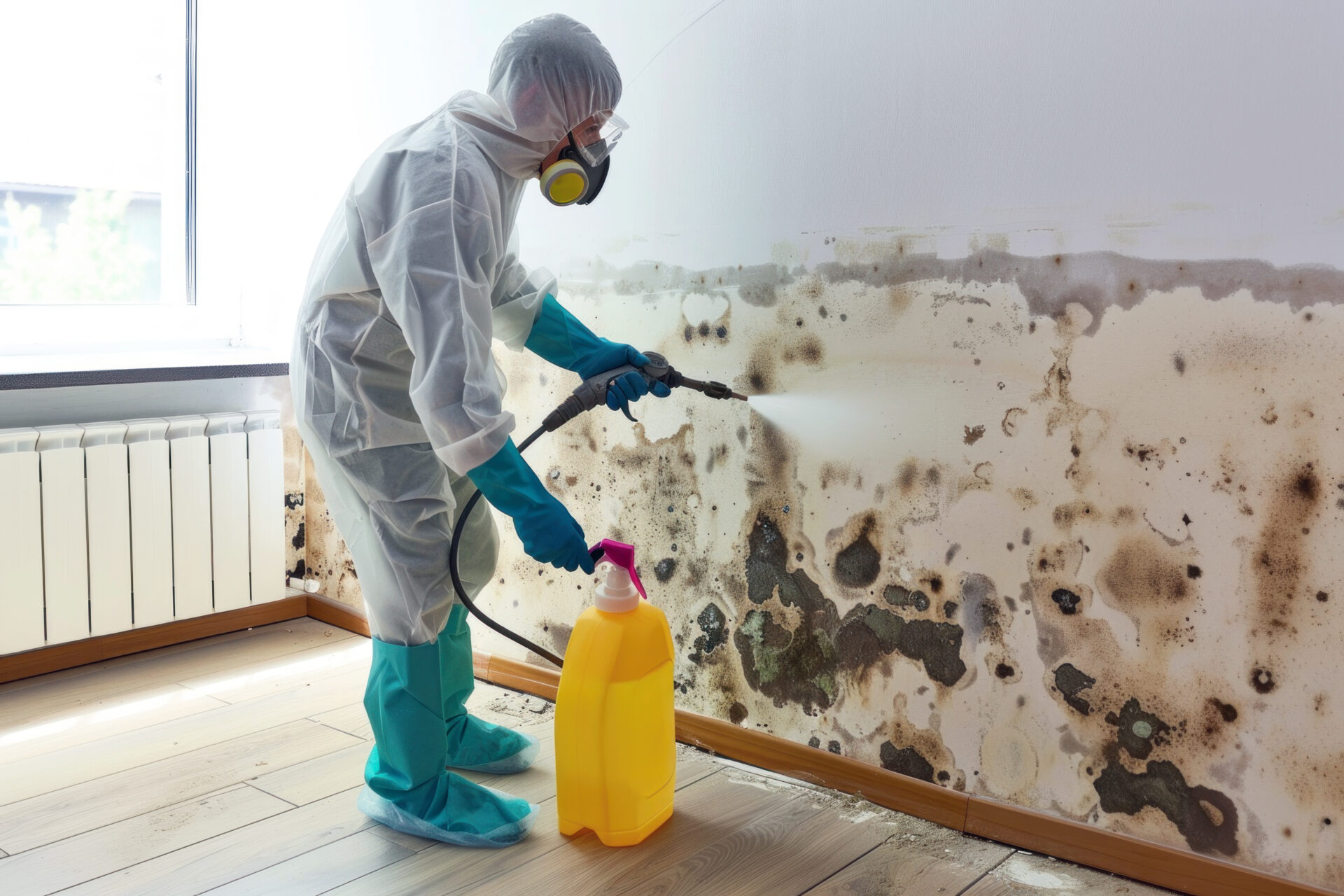 Mold Remediation Experts: Restore Your Home with Professional Mold Remediation Services 1 A professional in protective gear cleaning a mold-covered wall.