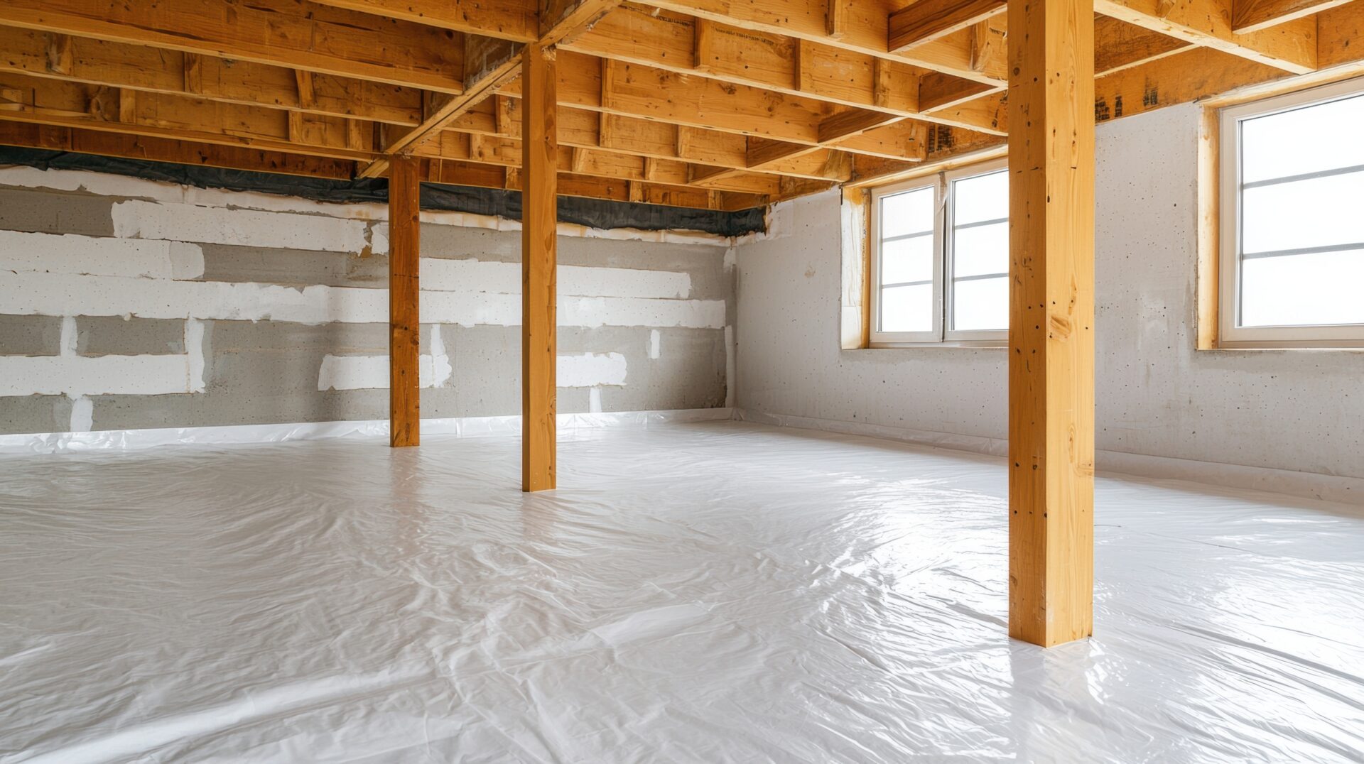 Sealed crawl space with vapor barrier installation on floor and walls