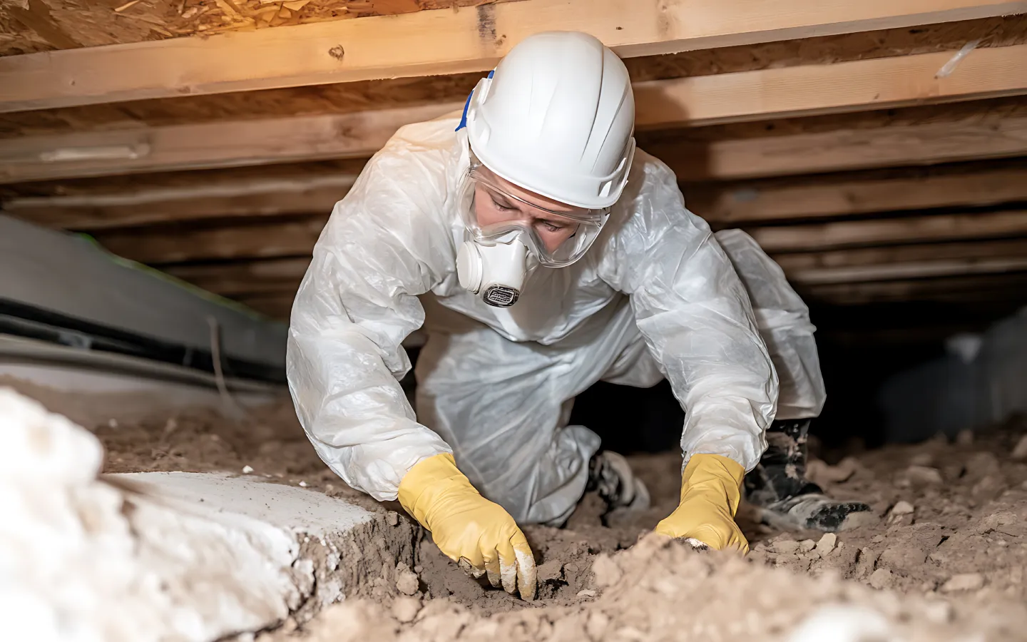 Technician inspecting crawl space soil in protective suit.