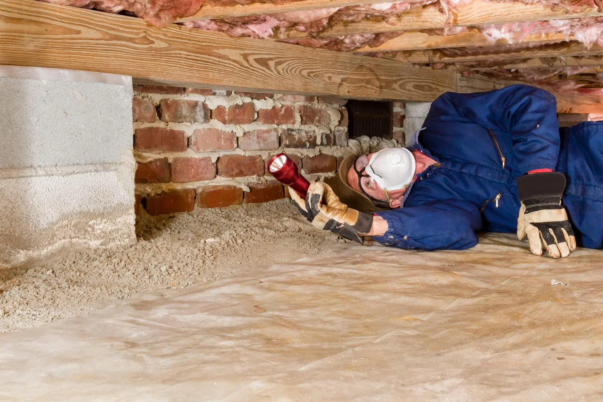 Technician inspecting crawl space with flashlight and protective gear.
