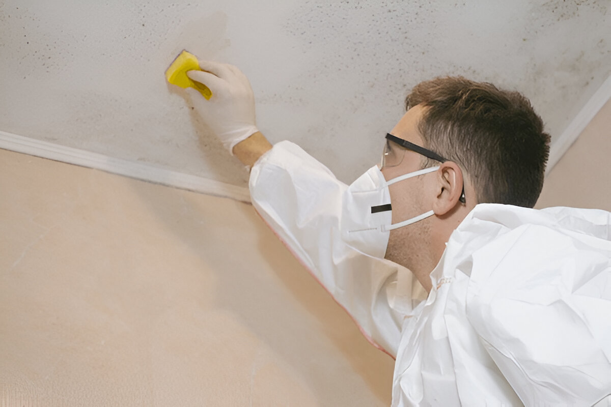 Worker cleaning mold from ceiling with sponge while wearing protective gear.