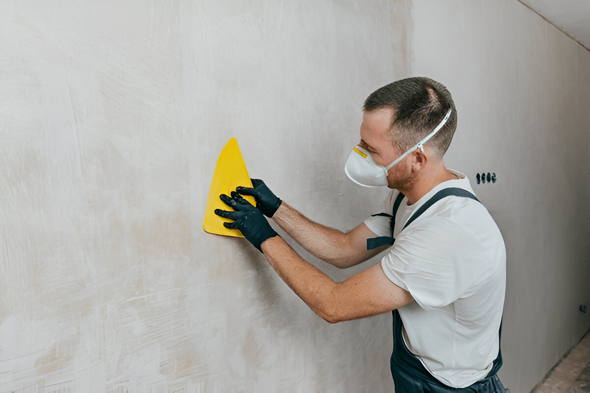 Worker sanding and smoothing wall surface while wearing protective mask and gloves.