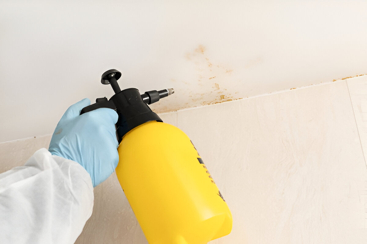 Worker spraying moldy wall with disinfectant using yellow sprayer.