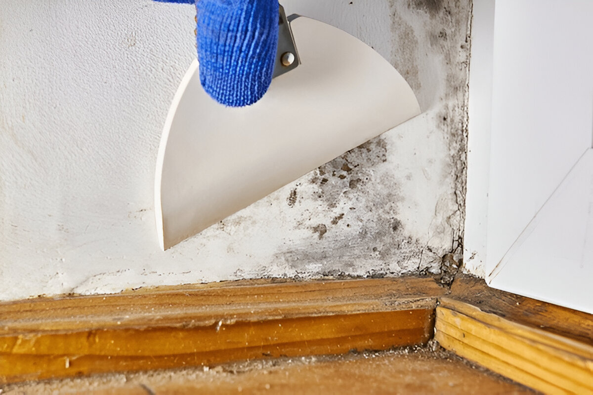 Worker scraping black mold from wall near wooden floor trim.