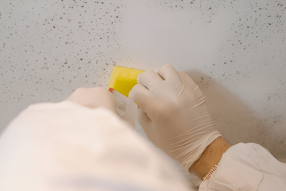 Worker cleaning black mold from wall using sponge while wearing protective gloves.