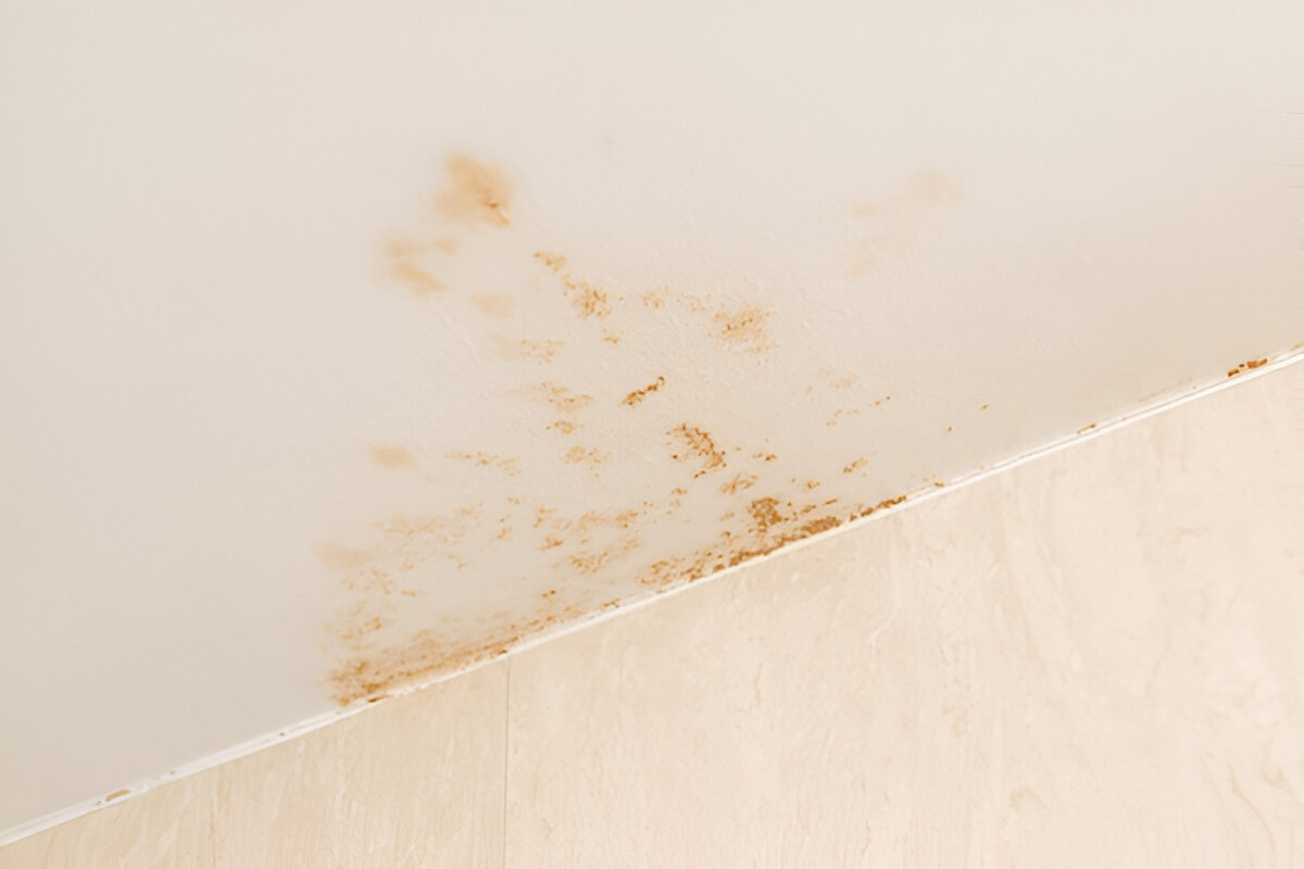 Brown mold and water damage on a white ceiling corner.