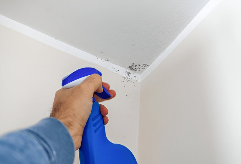 Hand spraying mold on ceiling corner with blue cleaning bottle.