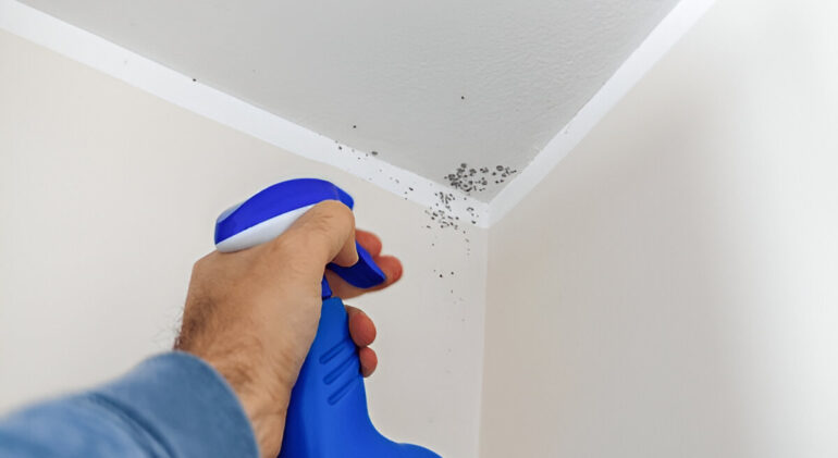 Hand spraying mold on ceiling corner with blue cleaning bottle.