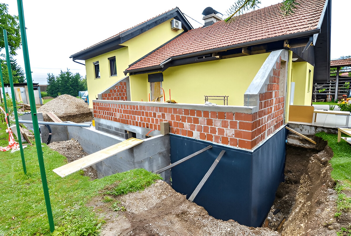 House foundation waterproofing during construction with drainage system installation.