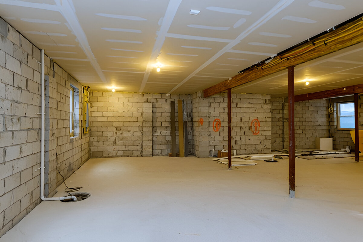 Unfinished basement with concrete block walls and support beams.