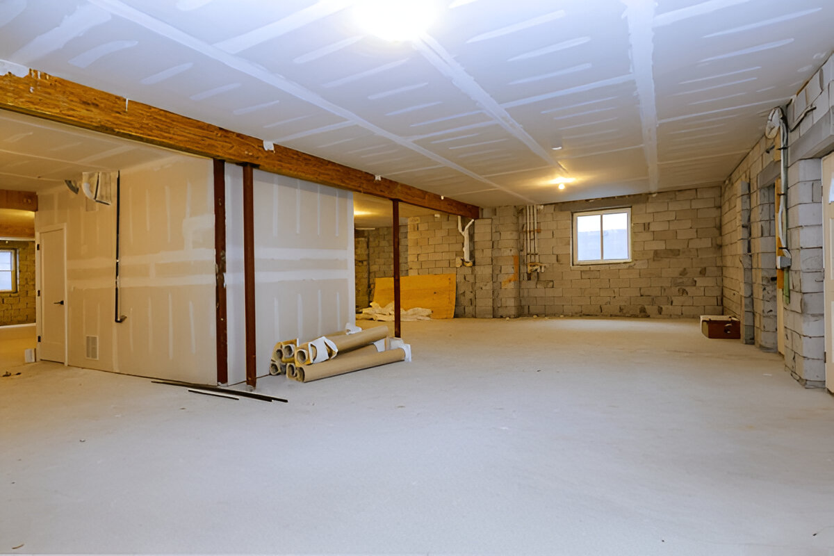 A spacious basement under construction with brick walls and drywall partitions.