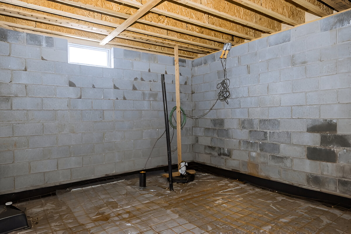 A basement under construction with exposed cinder block walls and wooden ceiling beams.