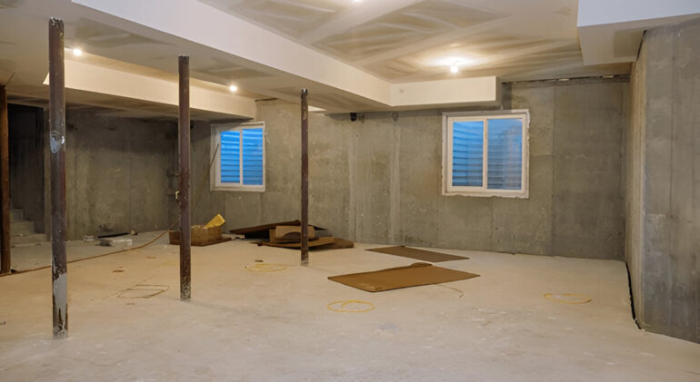 An unfinished basement with concrete walls, support beams, and exposed construction materials.