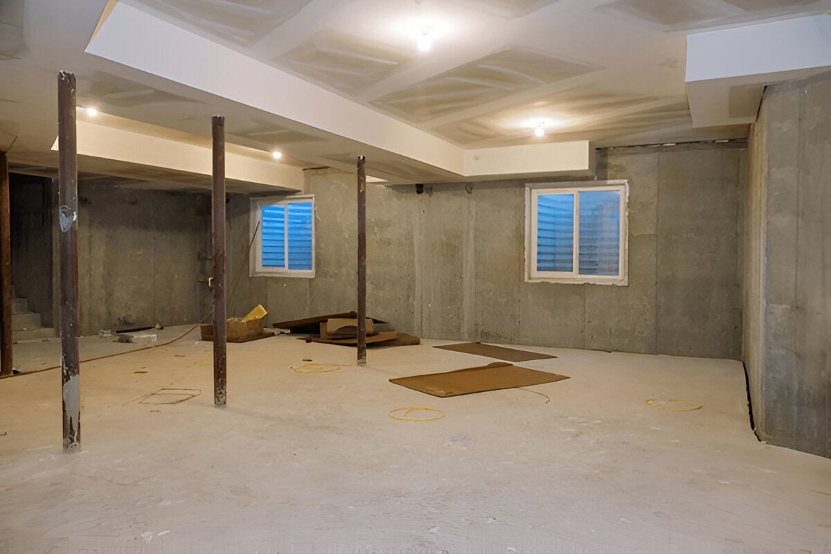 An unfinished basement with concrete walls, support beams, and exposed construction materials.