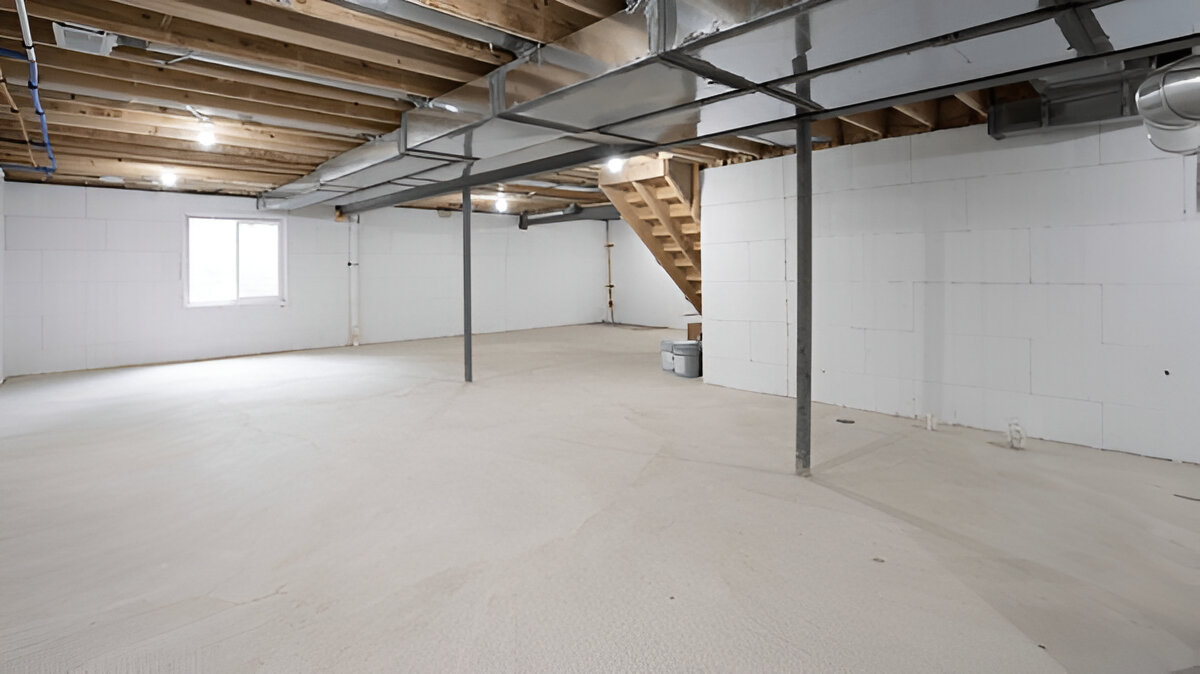 A clean unfinished basement with white walls, exposed wooden ceiling beams, and metal ductwork.
