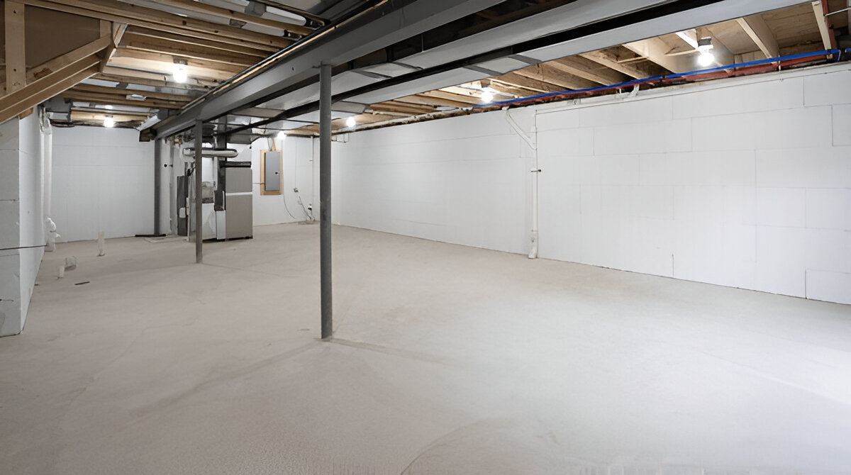 An unfinished basement with white walls, exposed ceiling beams, and HVAC equipment installed.