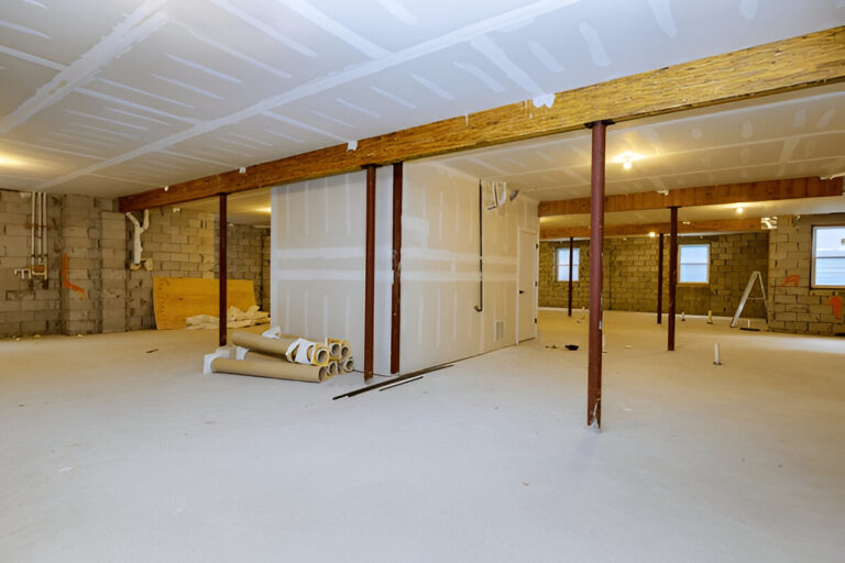An unfinished basement with drywall installation in progress and exposed concrete block walls.