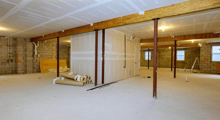 An unfinished basement with drywall installation in progress and exposed concrete block walls.