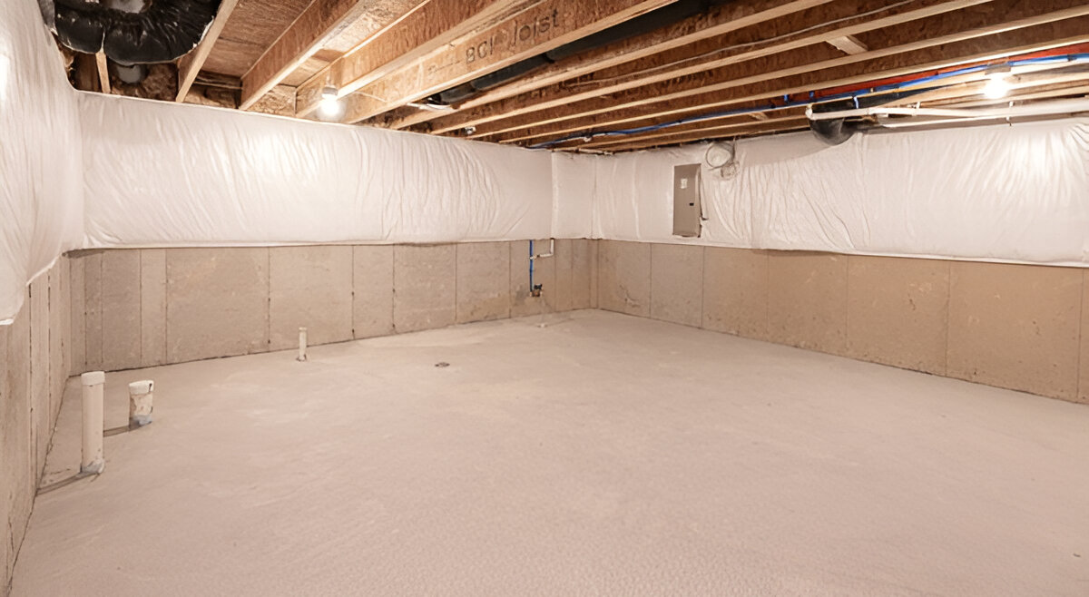 An unfinished basement with concrete walls, exposed ceiling beams, and plastic vapor barrier insulation.
