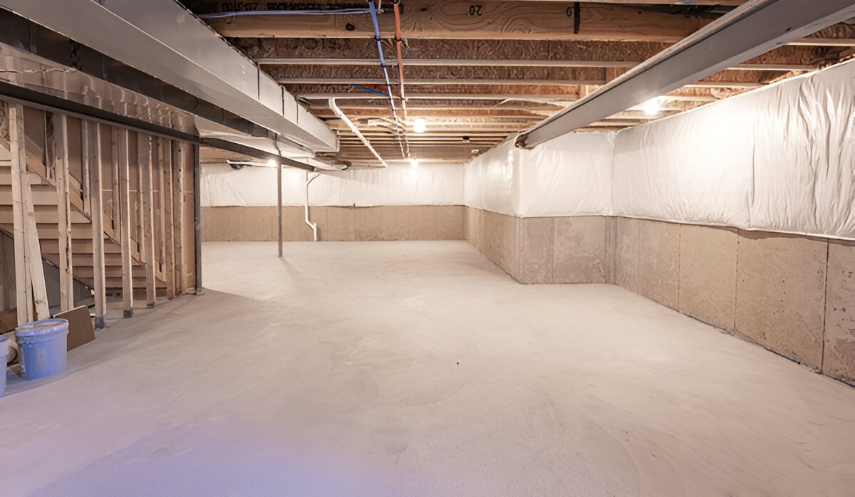 An unfinished basement with exposed wooden ceiling beams, ductwork, and partially framed stairs.