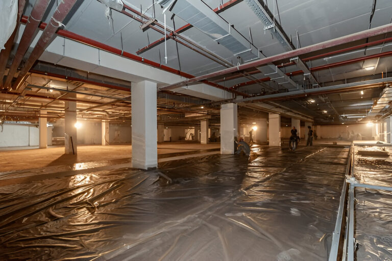 Construction workers installing plastic sheeting on the floor of a large underground basement.
