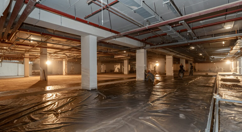 Construction workers installing plastic sheeting on the floor of a large underground basement.