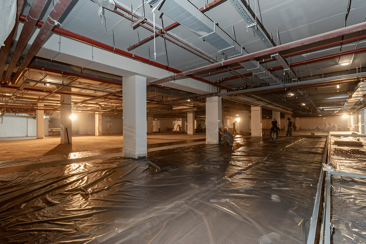 Construction workers installing plastic sheeting on the floor of a large underground basement.