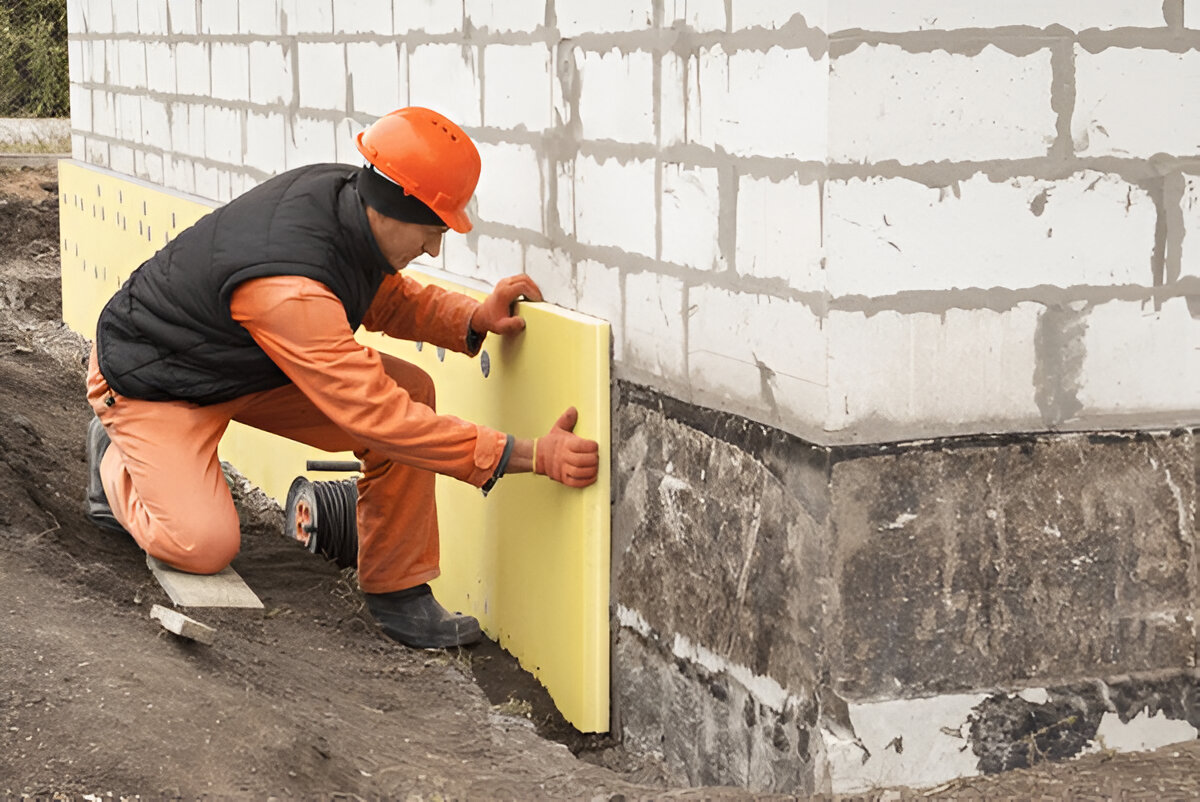 Worker installing insulation panels on a building foundation wall.