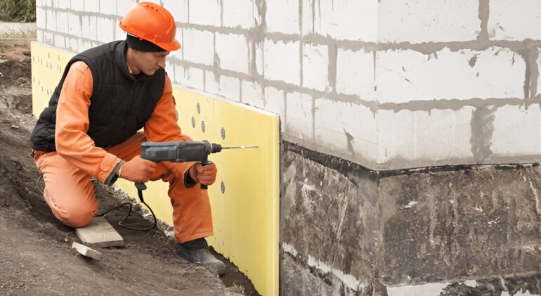 Worker drilling insulation boards into a building foundation wall.
