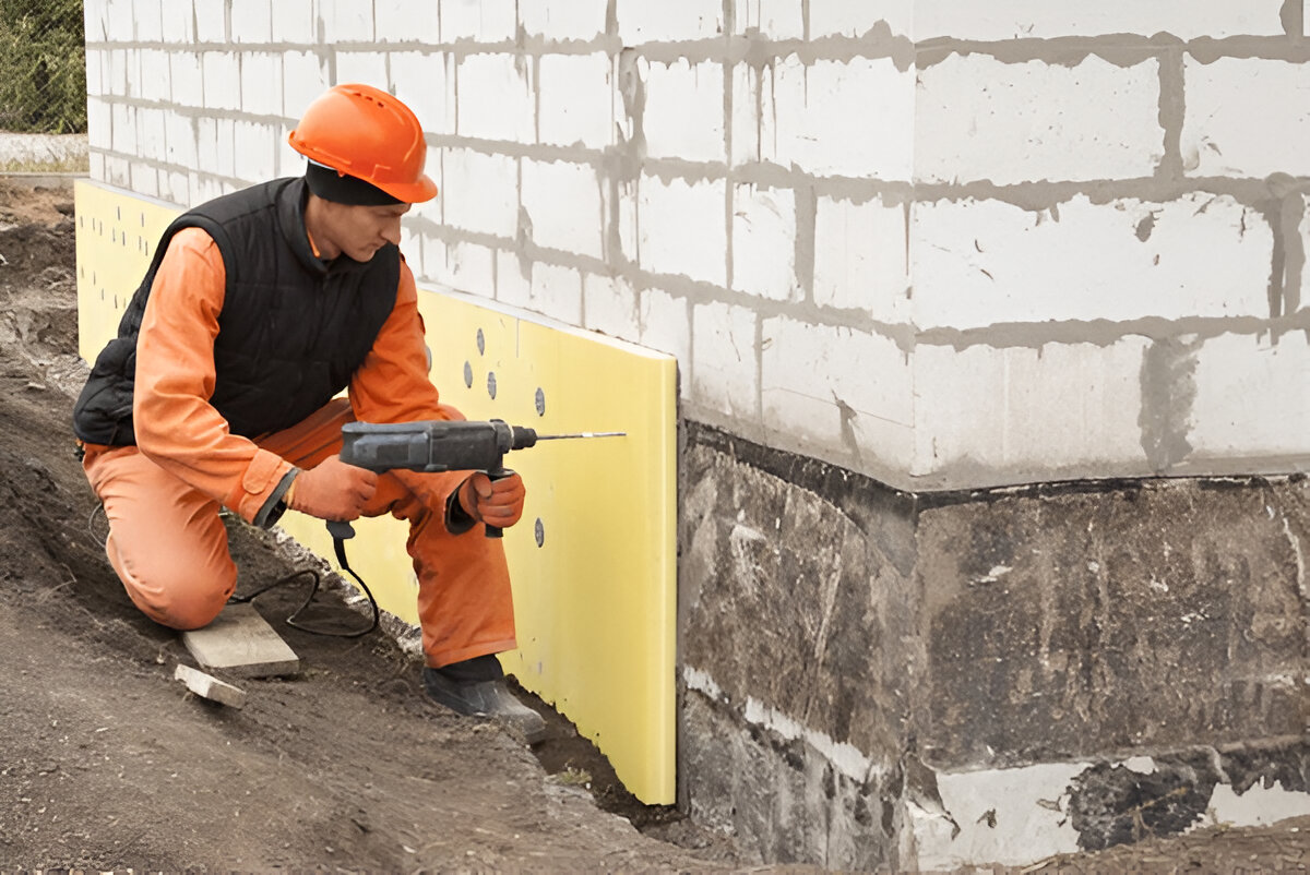Worker drilling insulation boards into a building foundation wall.