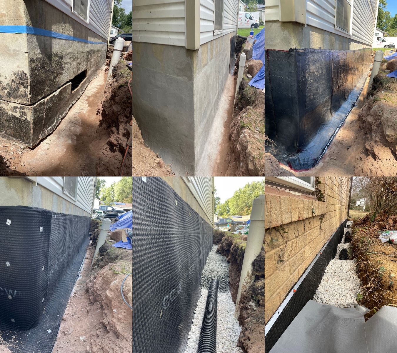 Exterior basement waterproofing, step by step: excavation to the footing, cementitious coat, bituminous sheet membrane, dimple drain board, and drain tile set in clean stone