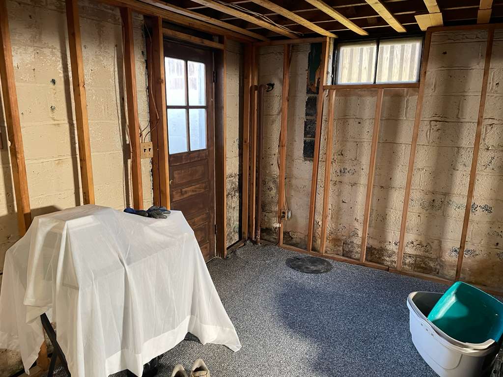 Before — a gutted Olney, MD basement with water staining and mold across the CMU concrete-block foundation walls