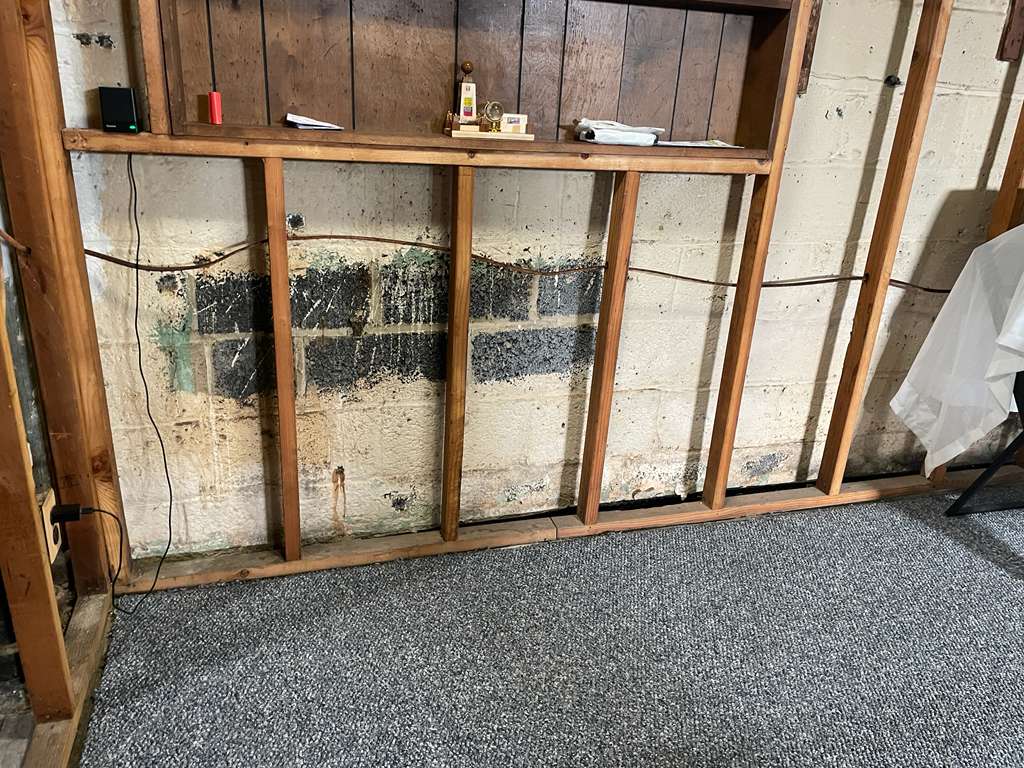 Before — a heavy black mold band along a CMU block basement wall in Olney, MD, where roof water had soaked into the block
