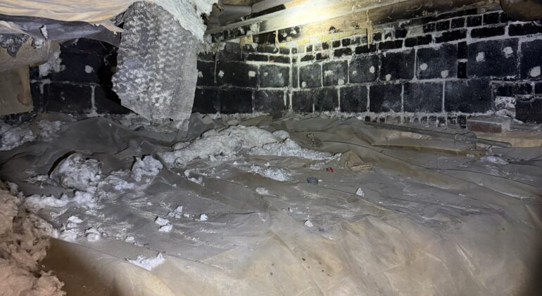 The Smell Was the Symptom: A Gaithersburg Crawl Space With Mold 3 White efflorescence blooming across a block foundation wall in a crawl space, with a torn vapor barrier and fallen insulation on the ground