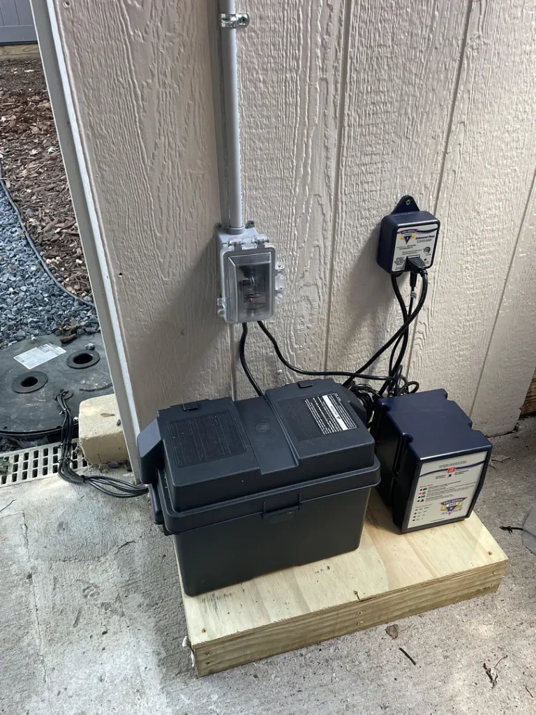 Exterior sump pump battery backup and control equipment beside an Alexandria, Virginia property