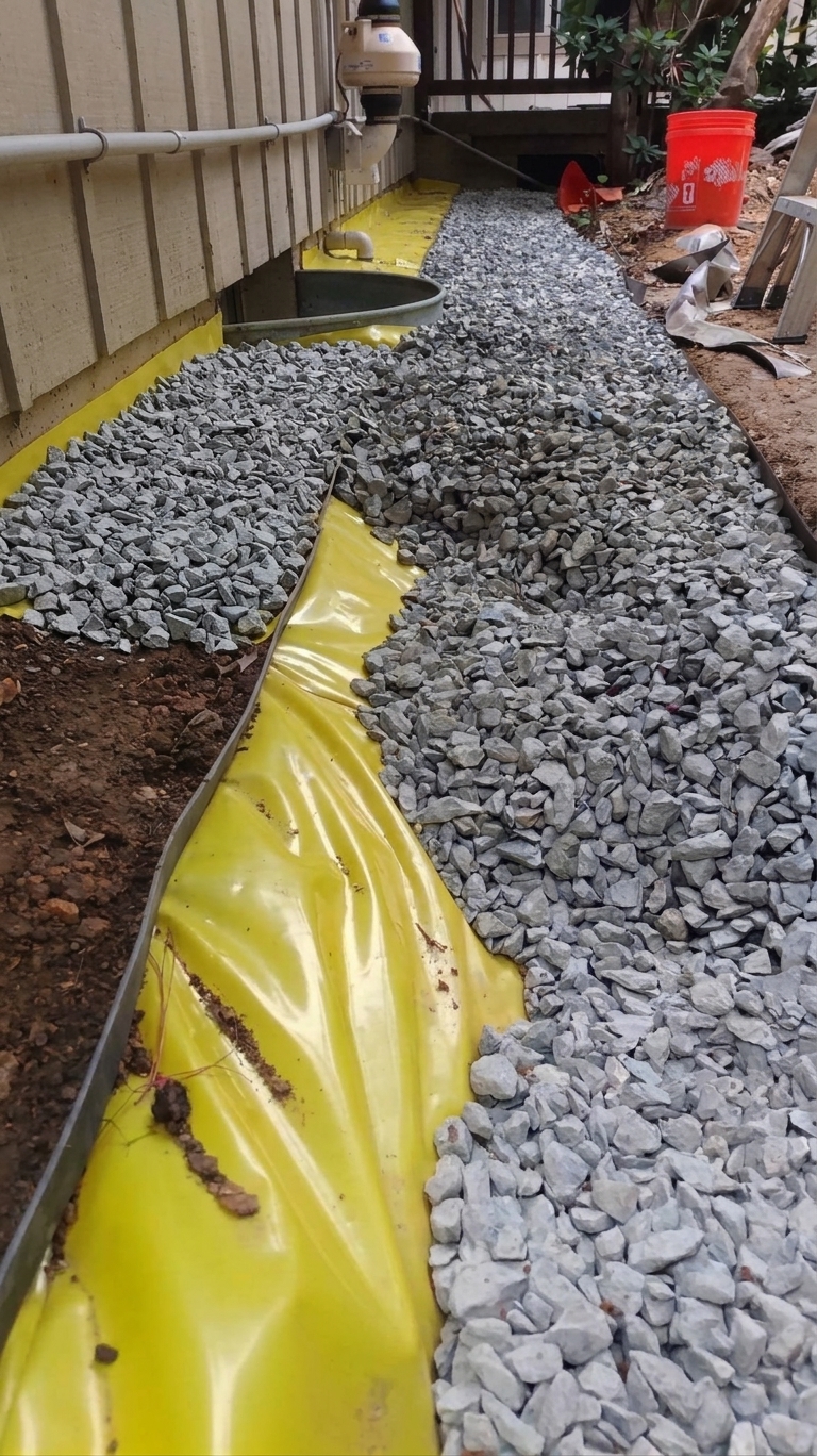 Clean gravel being placed over a yellow drainage liner beside the house